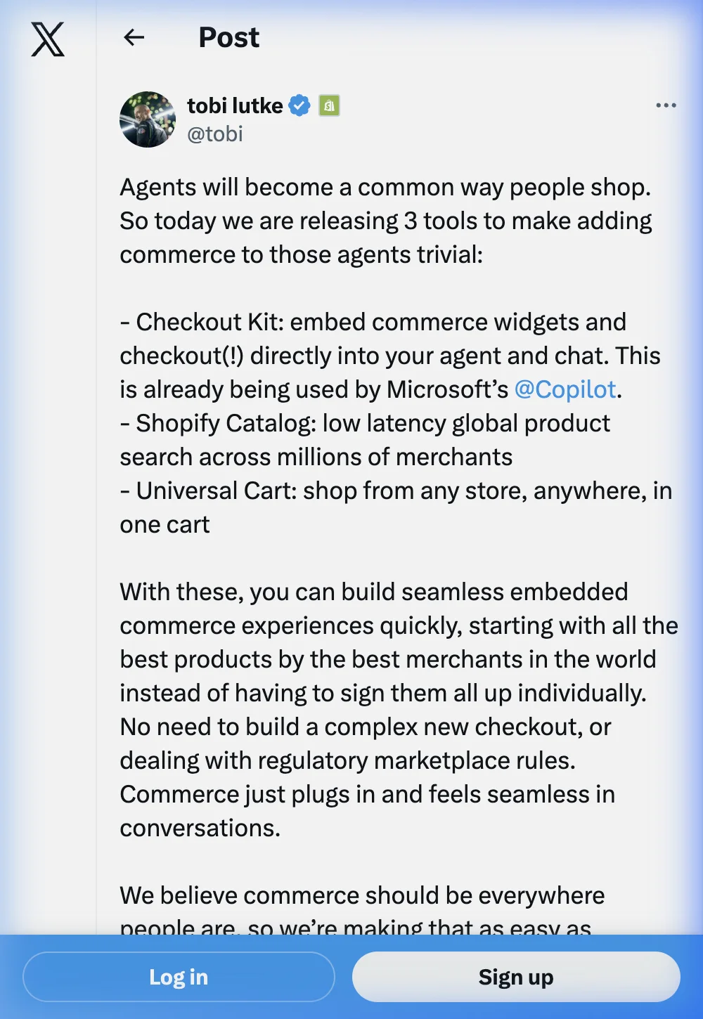 Tobi Lutke tweet on agentic commerce